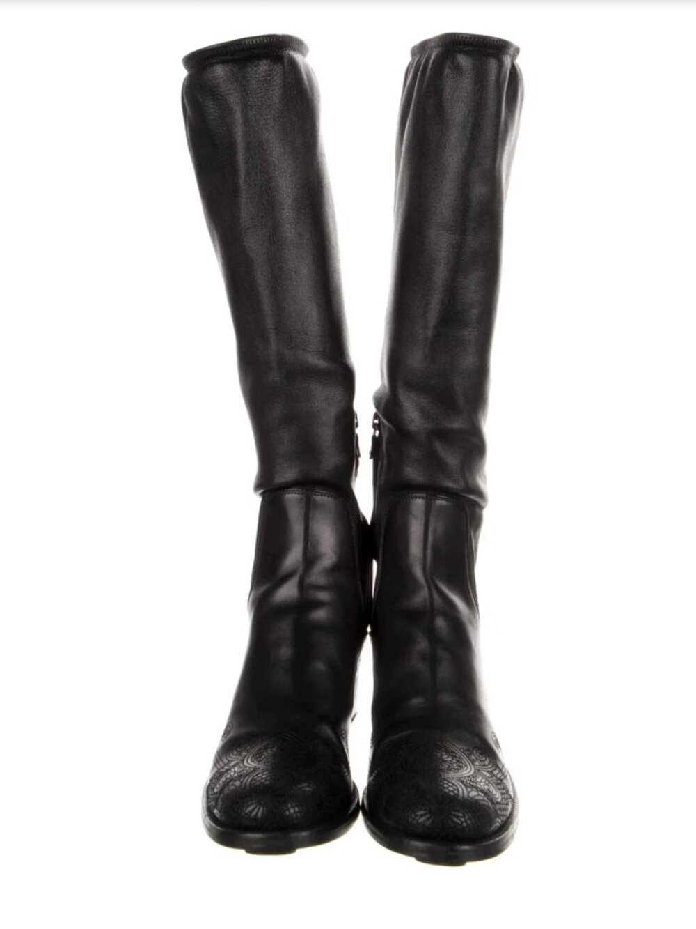 Prada Black Designer Knee High Riding Western Boots Heels Size 7 8 37.5 37 7.5 - Picture 2 of 15